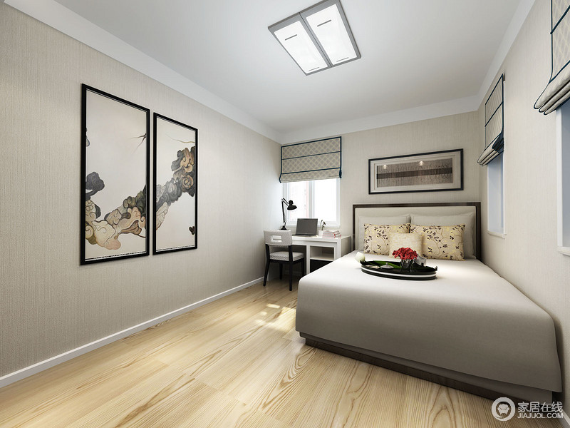卧室以质朴为主，并轻描淡写的运用中式浮云写意画来表达心中崇尚的禅静；灰色床品色彩柔和舒适，是家私的必备之选。