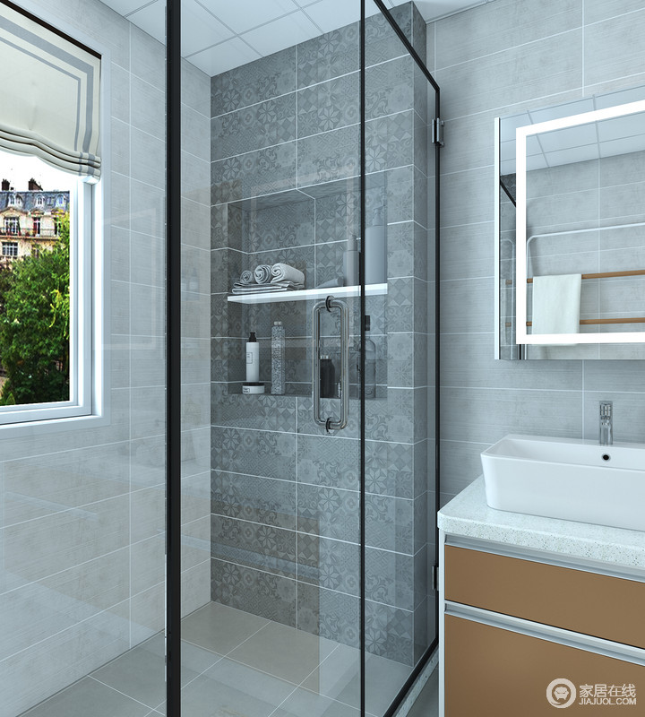 淋浴区专门通过玻璃淋浴房来处理干湿问题，深灰色的砖石与浅灰色砖石自然过渡，以层次之差，体现设计之美；墙体内置的储物台让沐浴更随心所欲，十分方便。