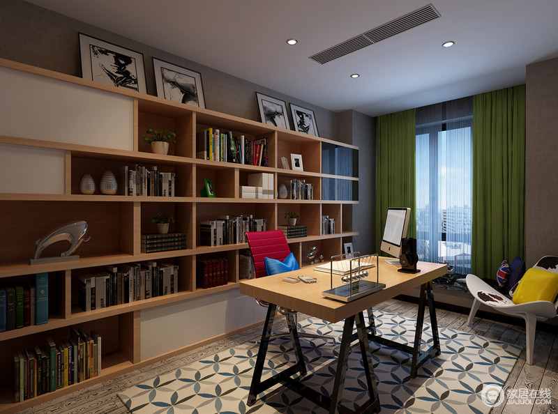 书房好似一个木质的空间，从地面到实木书柜表现着材质的魅力，而白色为底、蓝灰圈形地毯的几何时尚更富优雅；北欧小椅、现代书桌、粉色椅子、绿色窗帘以不同色彩组成现代之风，缤纷而实用。