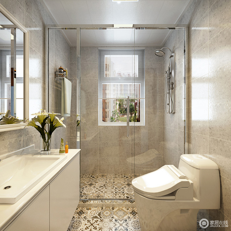 卫浴间并无特别之处，看似小巧的空间却因设计而显得别致了许多，利用仿古砖和拼花地砖打造出多变的空间，令卫浴时光不再单调。