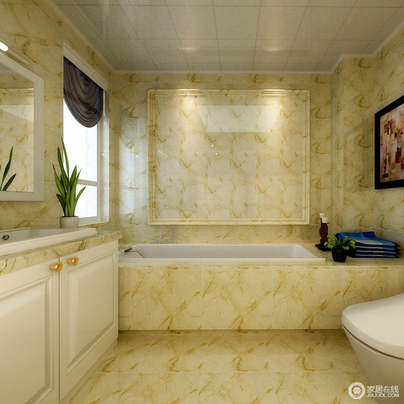 卫生间除了注重功能性外，更注重安全性；选用泛黄的瓷砖，层层纹样荡漾着肌理美。