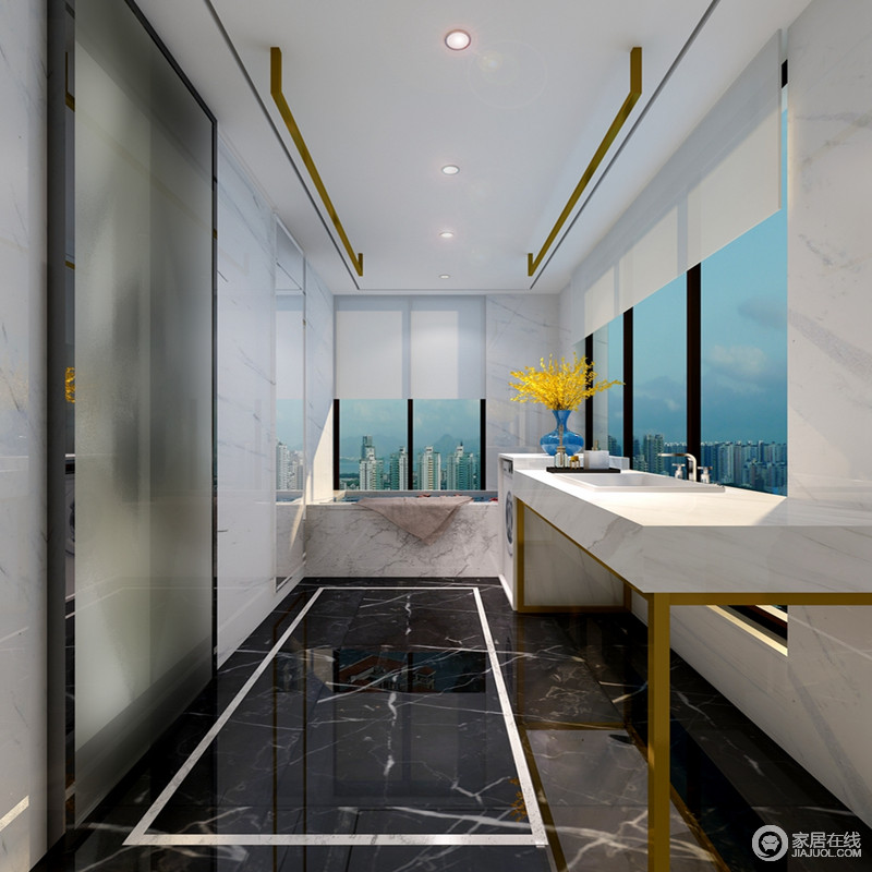 大面积的玻璃窗带来充足的光线，在经典黑白搭配下，卫浴空间看上去极具都市的简洁大方。金属线条的局部点缀，将轻奢情调注入空间，更添设计质感。