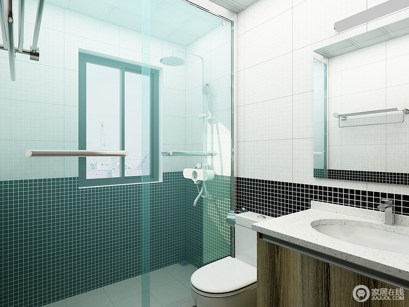 卫生间十分方正，玻璃淋浴间解决了干湿的问题，也易于打理；白色方砖搭配黑色小砖构成拼接的效果，同时，也以色彩让空间更为丰富，木质盥洗柜与之形成统一。