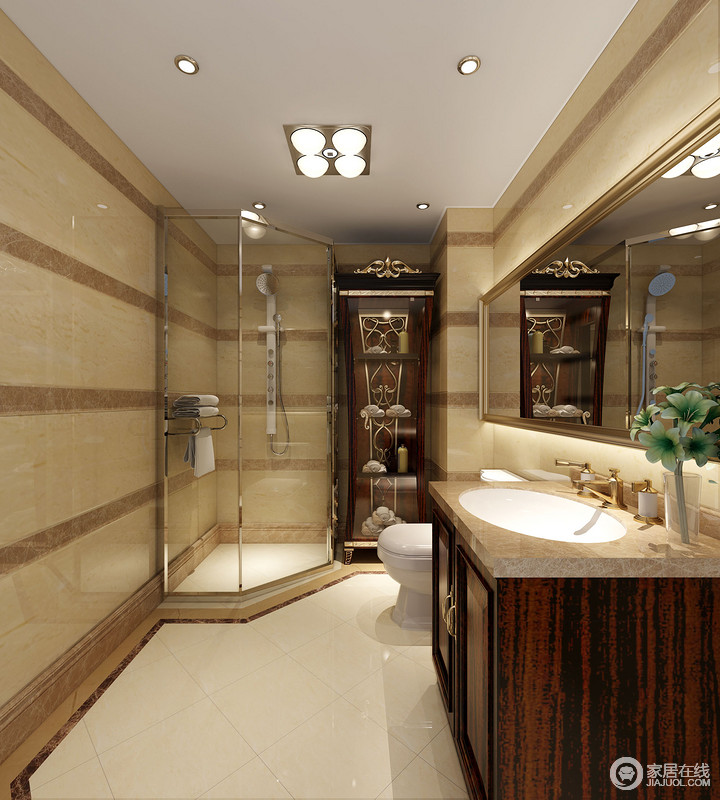 浴室中金属内饰的置物木柜将材质的混动工艺发挥得淋漓尽致，在方便使用时也增加了美观性。