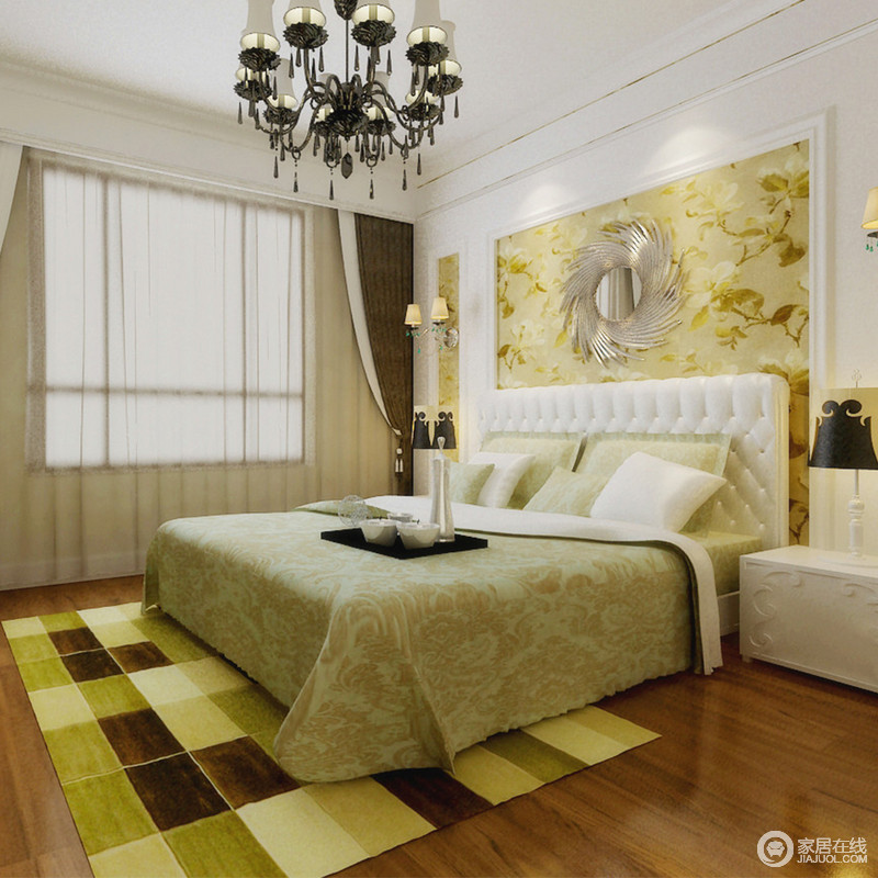 卧室中选用绿色和黄色的产品进行装饰，与整体风格相得益彰，表达着田园的绿意生机勃然。