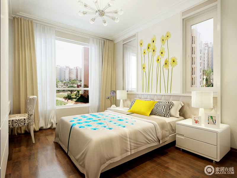 清乐的空间中串联起简约和现代的气场，几支黄色向日葵墙饰就增彩不少；简约个性的家具呈现出卧室无暇的品格。