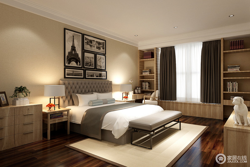 卧室以米黄色的墙纸打底，配合着原木色的木质家具，显得素雅清淡，将淳朴舒适的休憩氛围呈现出来。飘窗区域改造成休闲与收纳区，增加了空间的多功能需求。