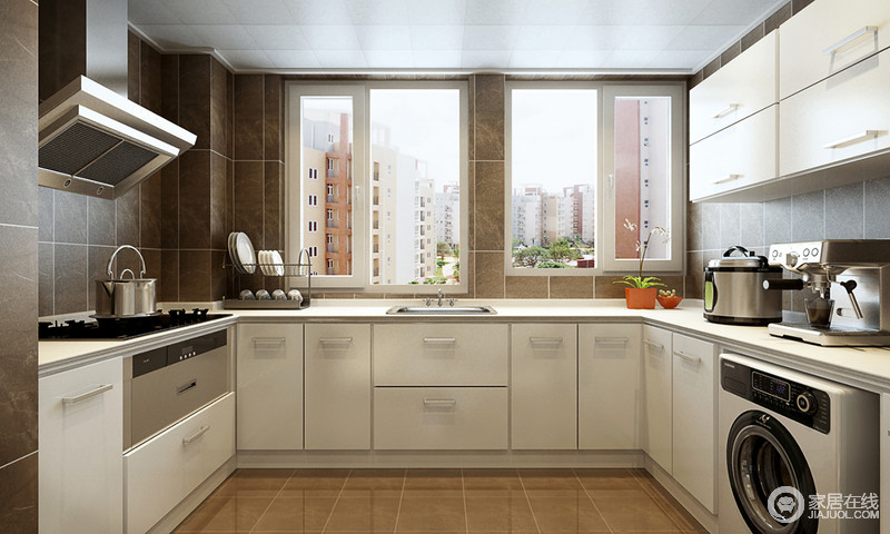 厨房统一采用深咖色瓷砖，并搭配白色橱柜，沉稳中干净干练；现代化电器给厨房生活带来了极大地便捷，让生活走向现代高科技。