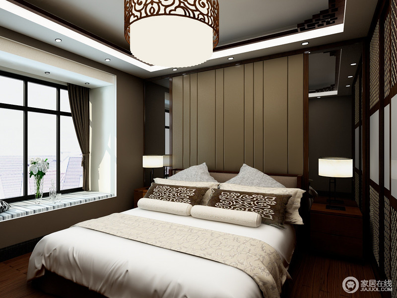 卧室利用板材打造得简约式背景墙，与实木地板构成整个空间稳重的基调；新中式吊灯的镂空工艺搭配现代飘窗的巧妙，让生活在复古中表达现代的大气。