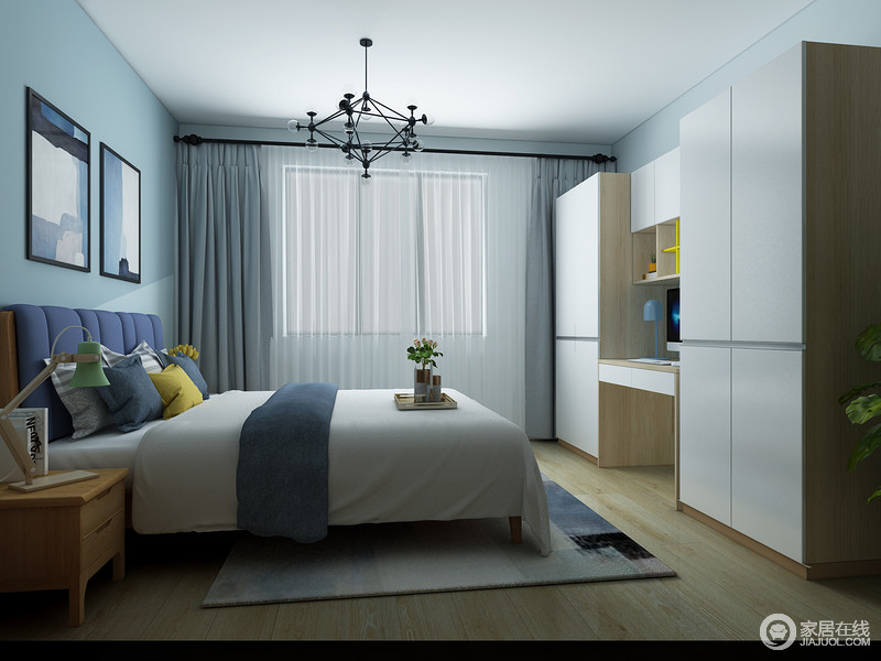 床头柜放置在床和沙发中间，一柜二用，既能当床头柜使用，也可以做沙发角几，让生活更简单、舒适。