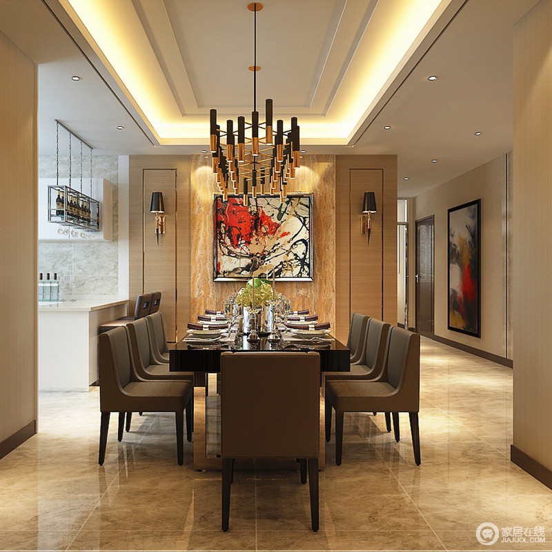 餐厅以淡黄色为主，棕色餐椅便是另一抹亮点；铜管构筑起设计的另一端，精湛而个性。