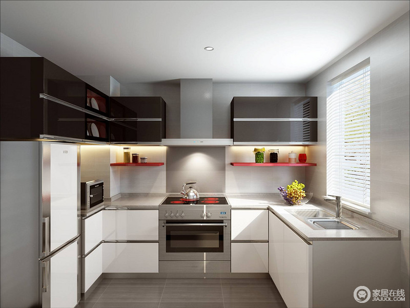 厨房中L型台面围筑出利落，白色与灰色结合打造得橱柜整洁而素雅；红色悬挂架节省空间，增加空间利用率的同时也呈现着现代生活的质感。