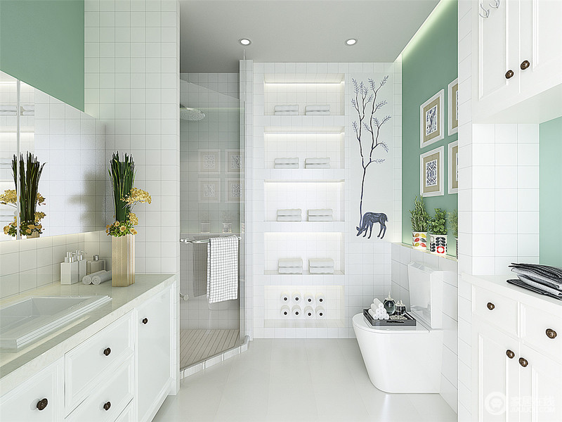 卫浴间以绿色墙面和白色瓷砖为主，营造了一个清新而简洁的生活空间；设计师依循建筑的结构将墙体打造为置物台，简洁之中更富实用性；而精致的花瓶点缀可以呈现主细节创造出的优雅感。