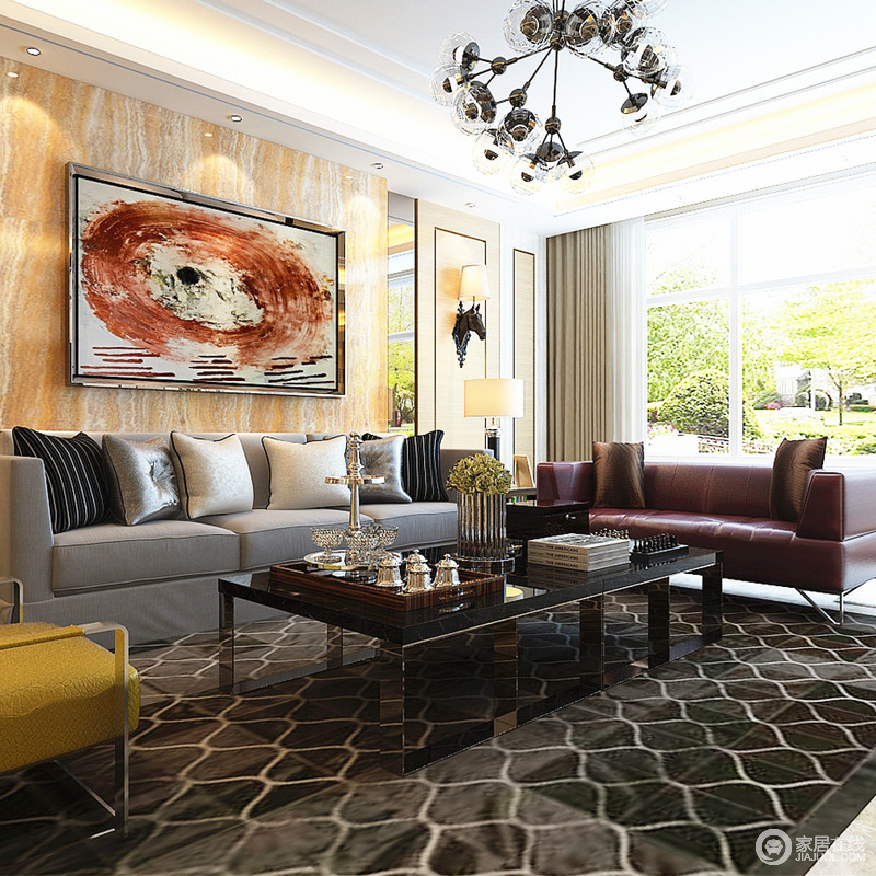 淡色为肌底，黑色球泡灯与黑色茶几成一组，衬托出灰色与紫色沙发的时尚，更让客厅现代而利落。