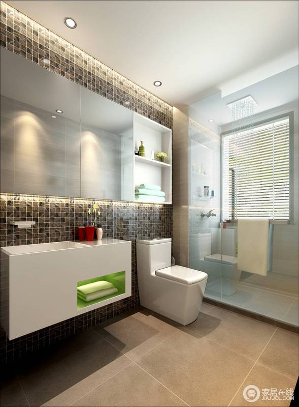 卫浴间中的马赛克墙面与悬挂柜形成简洁和干练，形成现代卫浴风；利用玻璃将空间的功能性进行明确限定，能够保持干湿区的整洁度。
