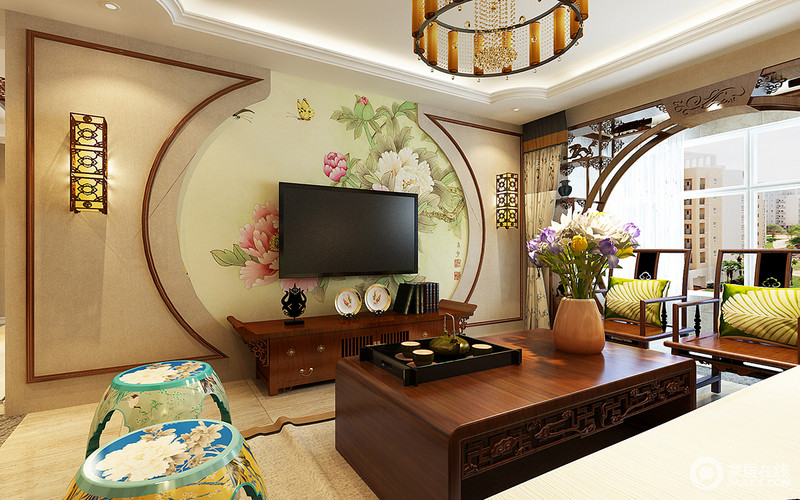 客厅的背景墙借中式园林的设计来表达生活所需要的艺术感，新中式家具温实而得体，清雅而暖意十足。