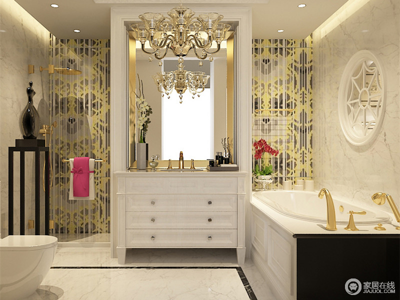 卫浴间中选用白色浴缸来体验沐浴的轻松；白色与金色打造出一间贵族气息浓厚，奢而不华的空间。