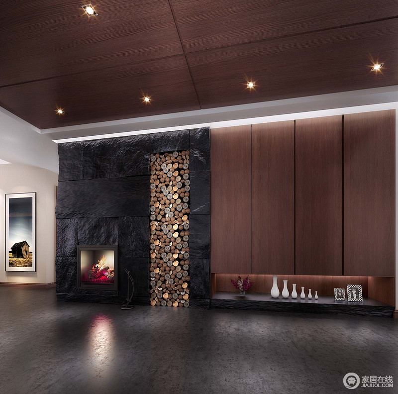木质与石材是大自然的产物，设计师将它们完美的搭配组合，使简洁开阔的玄关走廊，充满低调质朴的艺术美感。同时天花与储物柜，地面与壁炉墙，形成视觉上的对称和平衡。