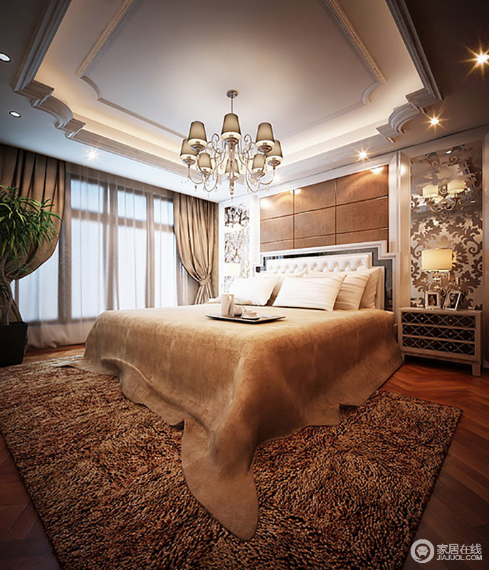 驼色毛绒的地毯无形之中给空间增加了温度，虽然与床品同属中性调，但在灯光范围的营造中，充分显示了卧室的暖意。
