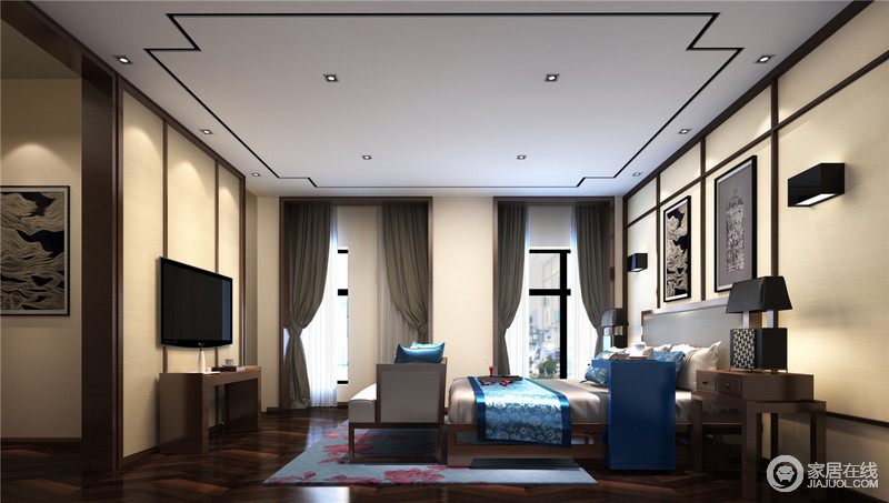 空间中遵循着一新一旧，一粗一细，将崭新的中式艺术以对称形式新生出古意新雅；娴静的卧室也因为蓝色花纹地毯而变得温馨。