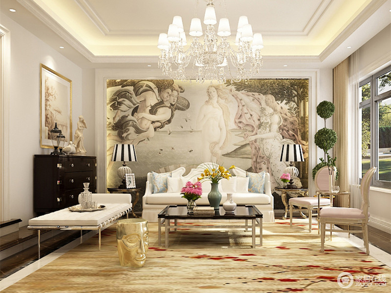 客厅中大幅欧式人物情境画和整块淡黄色地毯相呼应，装饰出高贵品味；欧式家具精巧而独特，时尚优雅也大气，是一个静美雅韵地道的空间。