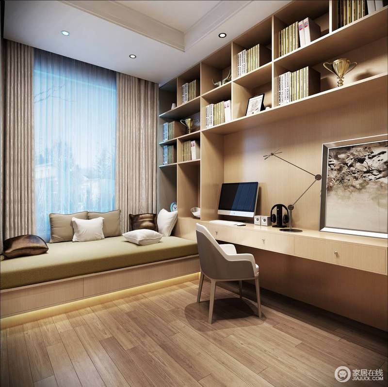 书房中用质地不同的木材塑造了一个温润和气的放松之地，并利用榻榻米来提升空间容量；上悬木格书柜营造着简单的木艺几何，实用与颜值并举。