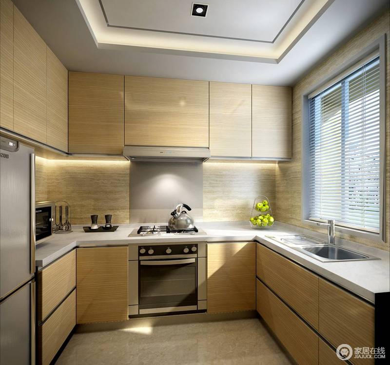 温馨是整体空间的设计主题，厨房的设计也以主题为依据，定制橱柜细腻而温润的木纹与墙面砖形成和谐之调，并将电器嵌入式放置，节省空间的同时提升美观度。