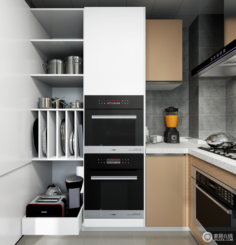 电器高柜提供了充足的收纳空间，可以放置大量的锅具、烤盘、以及多种类的厨房小电器。高柜中的抽屉，更是让小电器的拿取更加方便。