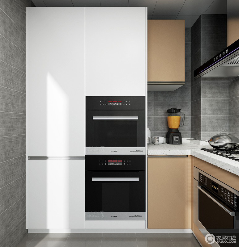 电器高柜的使用不仅合理的利用了厨房空间，同时也增加了厨房的收纳空间。嵌入式的烤箱、蒸箱以及消毒柜的使用，节省了厨房空间也为美食的制作提供了便利。
