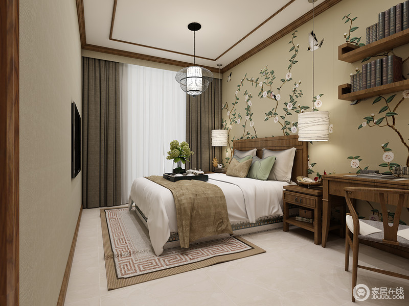 卧室吊灯取意中国灯笼之形，不仅简约还富有古文化气息；花卉壁纸增加了卧室的清新，有助于提高睡眠质量。