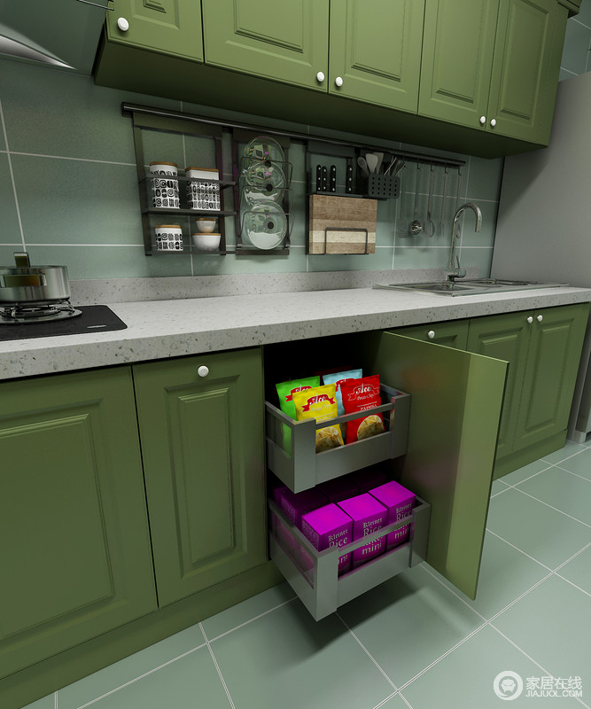 利用厨柜内的每一寸空间，抽拉的柜体，让操作更加便捷。
