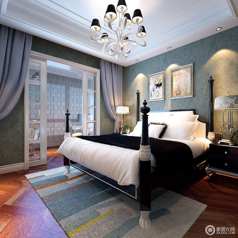 智慧成熟的藏蓝色给卧室添了一份稳重的性格，高雅的四柱双人床上黑白经典配色带来时尚的质感，空间透着极致情调。阳台区域被改造成室内书房，使卧室更具现代生活需求。