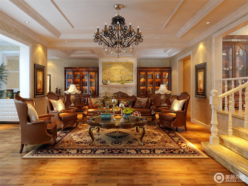 花纹洋溢的空间渲染出热烈奔放的浓情氛围，黄棕色的皮椅质感精良，将复古与现代大方舒适相结合，搭配繁复图样的地毯，散发出厚重和谐又古典的味道。