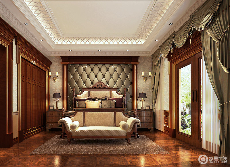 卧室，背景墙，床都用淡黄色的软包的形式，使室内更加华丽，尊贵。