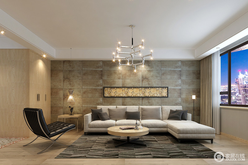 客厅摒弃华丽的装饰，只以最简洁的天然石材彰显空间的简约形态。墙面与地毯运用了方格元素，透着沉稳典雅的气质。浅灰色的布艺沙发与木色茶几，则温和了空间的清冷感。