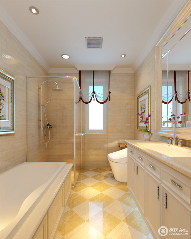 现代简约感的卫生间，充分考虑了主人的喜好，合理打造出浴缸和淋浴的位置，并做了干湿分离的划分。简洁的线条感，和淡雅黄的大理石装潢，让空间洁净有序。