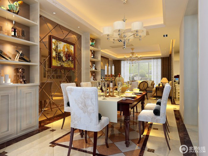 餐桌放置在菱形的地砖区域与镜面装饰异曲同工之妙，白色花纹餐椅让空间多了份简单的欧式风情。