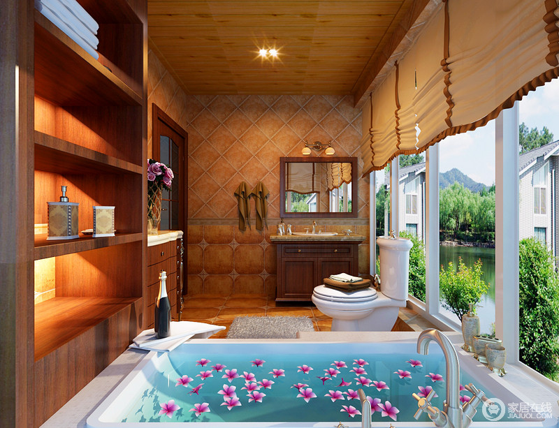 超大景观窗将窗外的山水景观与室内巧妙的联系起来，营造一个风景独特的卫浴空间，同时也利用卫生间通风干燥。木质收纳架搭配同色系花砖，使得空间显得自然随心。