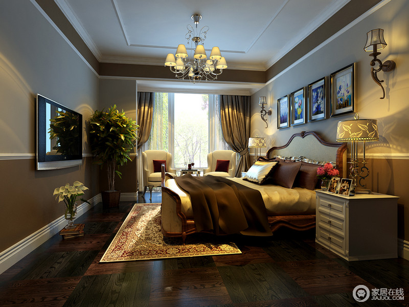 卧室中因为绿植、艺术画及形质特别的家具变得附庸风雅起来，浓浓的将欧式气息播散致空间。