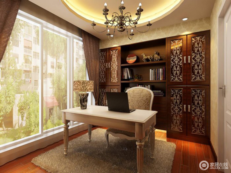 书房中选用褐色木材打造出复古的书柜，与白色简欧书柜一起交流，增加着空间中家具的互动性。