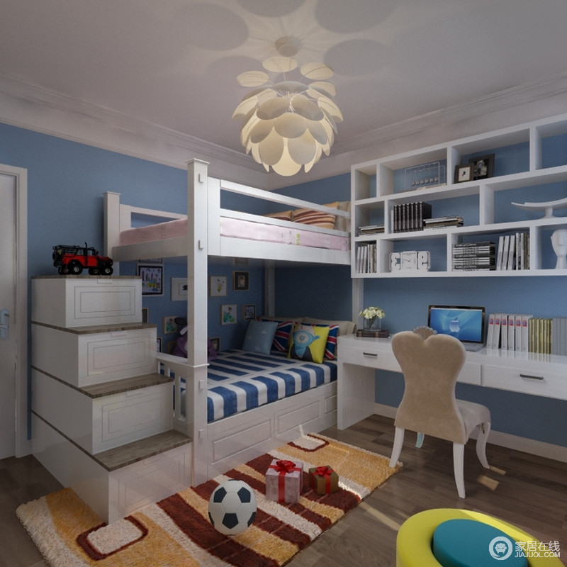 儿童房中利用白色与蓝色勾画了一个清爽风氛围，双层床和柜式楼梯以收纳和实用为主的同时将美观性纳为一体，让空间可谓“德才兼备”。