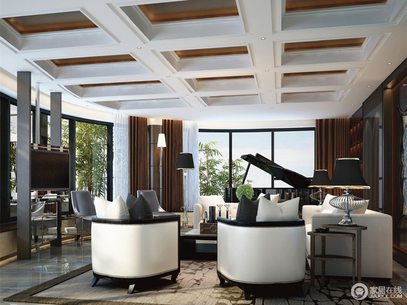 白咖啡式沙发拼凑出经典地味道,吊顶中方格镂空吊顶增加了空间的松弛度，让客厅独有一番韵味。