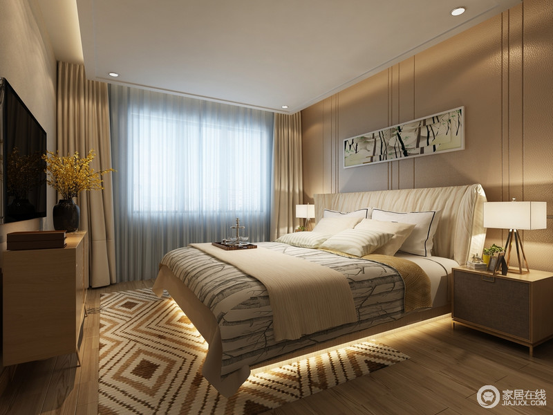 卧室布置的并不豪华，却显得十分温馨与得体，支架台灯简约、菱形地毯多趣活力，与简单的设计主题呼应了一个温暖而舒适的空间。