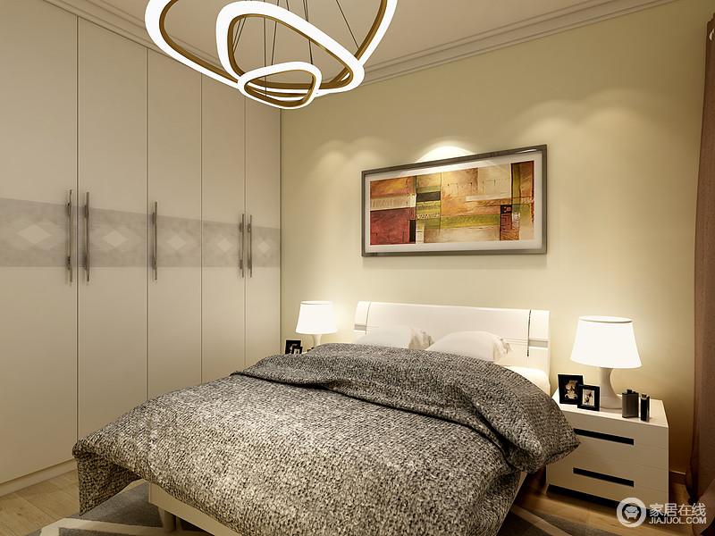 还是延续了主卧的设计，暖色的墙面，柔和的灯光营造出舒适的睡眠环境，床边通顶的衣柜增加空间的收纳性。