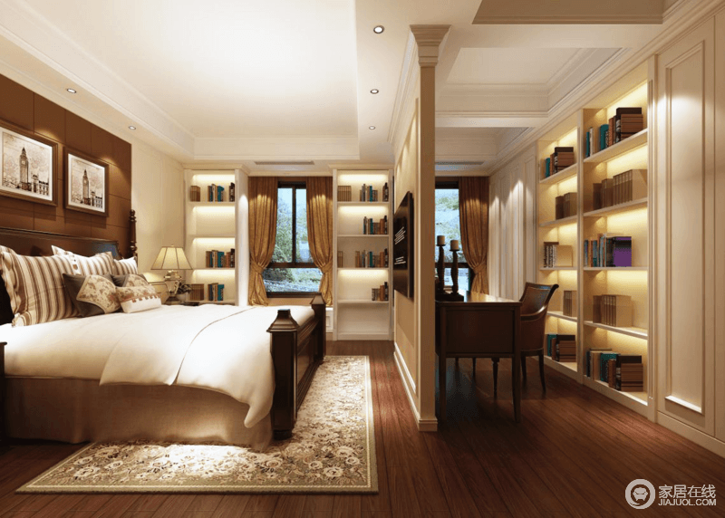 卧室与书房仅一墙之隔，书柜与空间整体色调相一致，褐色书桌与椅子古朴厚实。