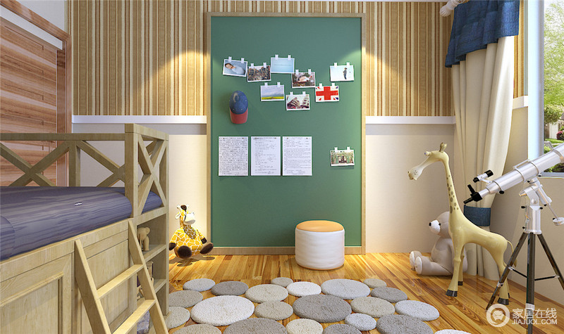 黄橙蓝绿白多元色交织出缤纷感，条纹元素的使用，将儿童房充满了朝气和动感。设计师贴心的规划出展示板的位置，既可随意写写画画，又可作为留言板。