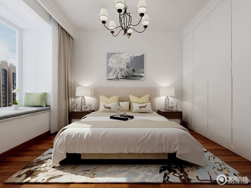 卧室以白色调为主来表达生活所需的宁静和舒适，灰色艺术画、蓝彩多色地毯以不同的色彩和形式给予空间雅韵，令平淡的空间有了趣意；简约的实木边柜和设计感强劲的台灯锦上添花，现代品质突出。