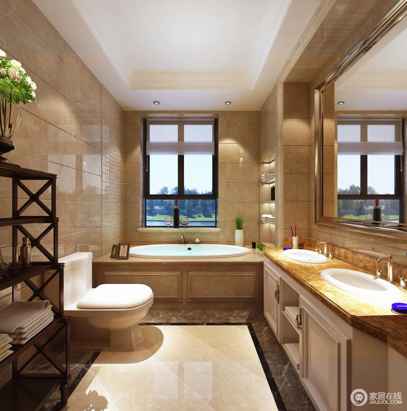 淡黄色的理石作为整体浴室的装饰材料，其坚硬的质感打磨出优质的卫浴空间。