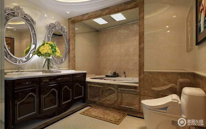 卫浴间特别设计了浴缸，可以享受沐浴带来的放松；金属镌刻的圆形复古镜子，令古旧的空间呈现出传统的时尚。