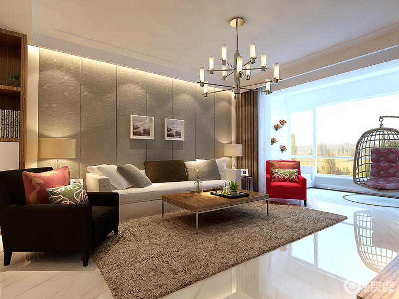 设计师通过灰色几何立面来改变立面过于平整的效果，白色沙发和咖色、红色扶手椅色彩对比明显，驼色地毯朴质的质地起到点缀作用，得体地构成了一个现代感的客厅。